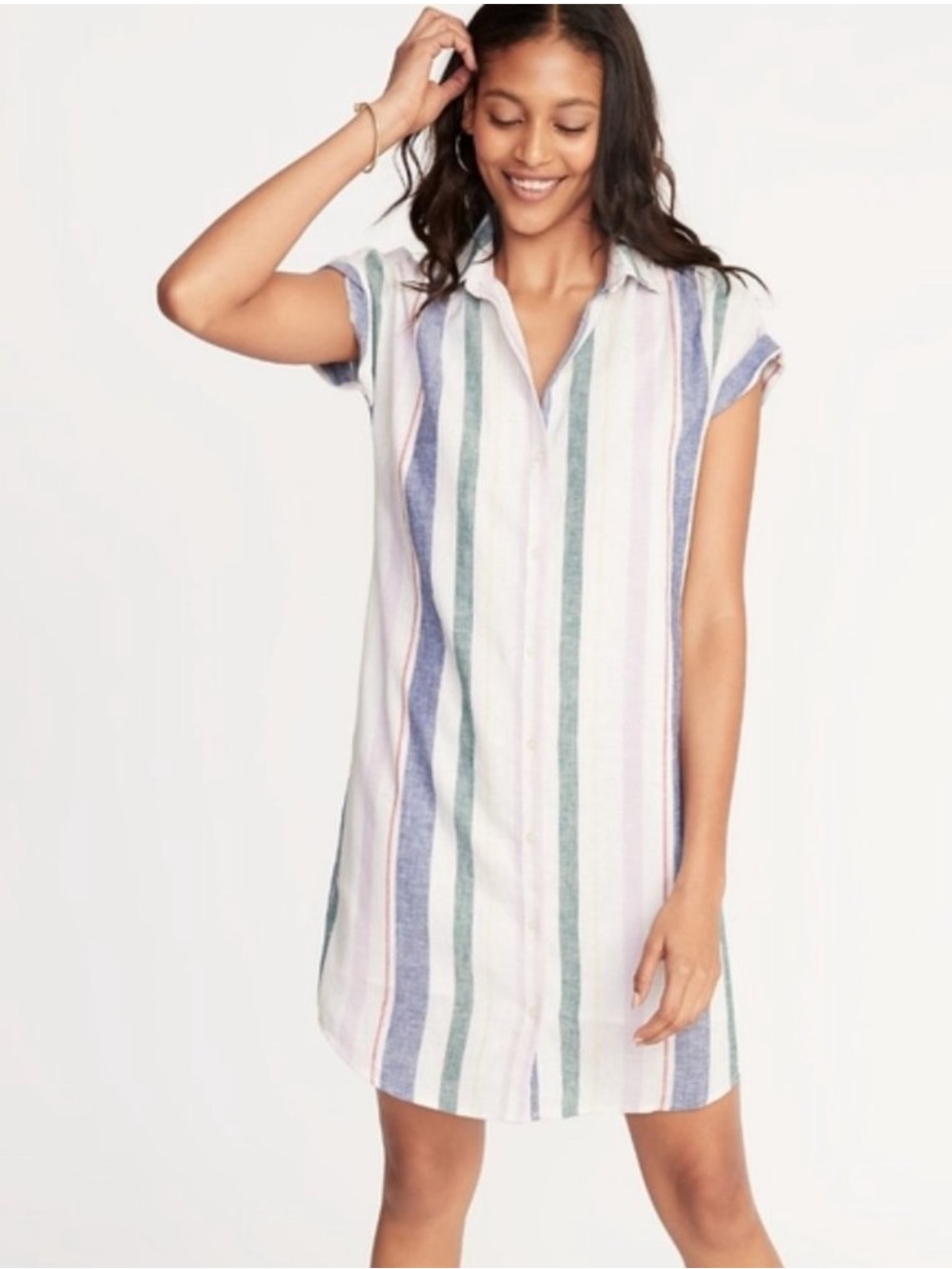 Old Navy Linen-Blend Striped Short Sleeve Shirt Dress, Size Small
